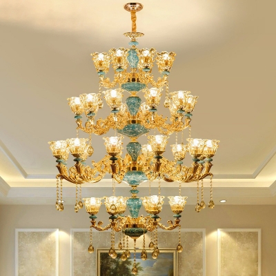 2-Layered Flower Glass Indoor Light Fixture Traditional Dining Room Light Fitting in Gold