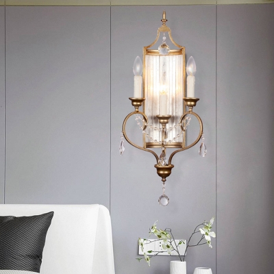 3 Lights Candlestick Sconce Lamp Classic Antiqued Gold Metal Wall Lamp with Crystal Drop