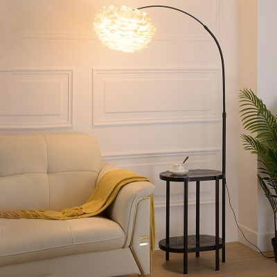 Arched Standing Floor Lamp Postmodern Metal Single 2-Tray Floor Light with Feather Lampshade