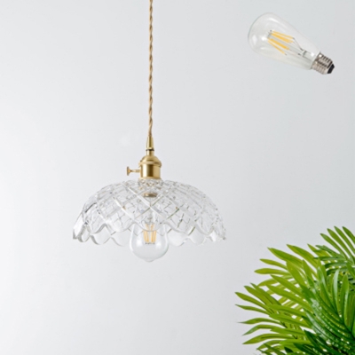 Brass 1-Head Hanging Lamp Fixture Simplicity Glass Floral Down Lighting Pendant with Rotary Switch
