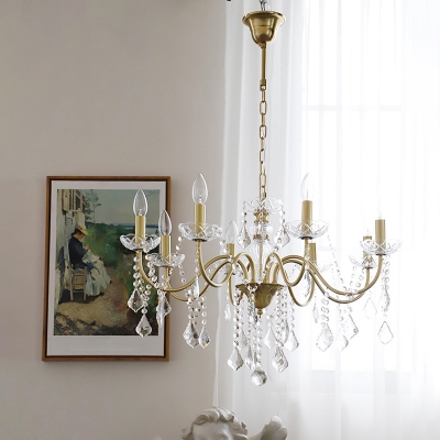 Clear Crystal Candle Style Chandelier Retro Dining Table Ceiling Hang Light in Gold