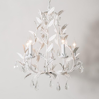 Country Style Foliage Hanging Lamp 5 Bulbs Metallic Chandelier with Crystal Drip