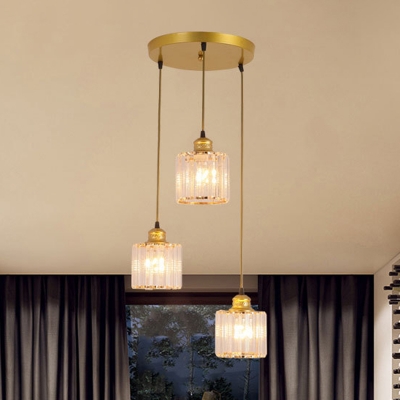 Cylindrical Cluster Pendant Light Postmodern Crystal 3 Heads Gold Ceiling Suspension Lamp