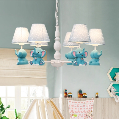 Elephant Chandelier Lamp Cartoon Resin Childrens Bedroom Suspension Light with Dot-Print Fabric Shade