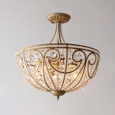 Gold Hemisphere Flush Mount Chandelier Antique Crystal Beaded 5-Bulb Kitchen Close to Ceiling Light