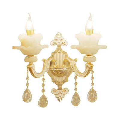 Lotus Shaped Jade Wall Lamp Fixture Retro Hallway Wall Sconce in Gold with K9 Crystal