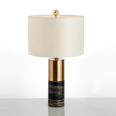 Marble Column Nightstand Light Postmodern 1 Bulb Black Table Lamp with Cylinder Fabric Shade