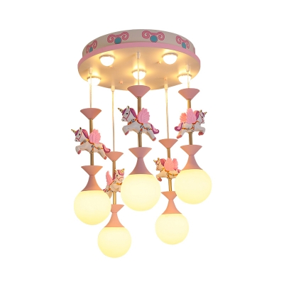 Merry-Go-Round Bedroom Multi Pendant Resin Kids Style Hanging Lamp with Ball Opal Glass Shade
