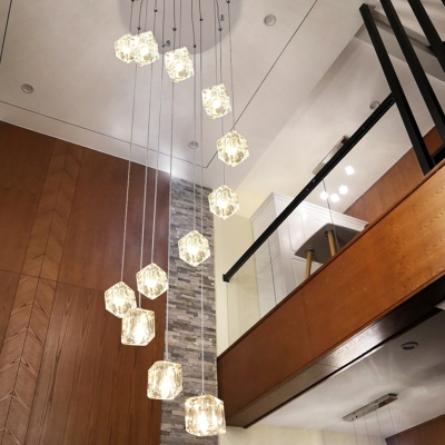 Modern Stylish Ice Cube Pendant Clear Glass 12-Light Staircase Multi Light Ceiling Light in Chrome