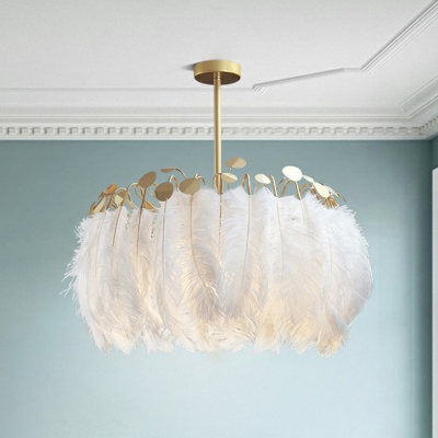 Postmodern Ceiling Hang Lamp Gold Round Chandelier Lighting Fixture with Feather Shade