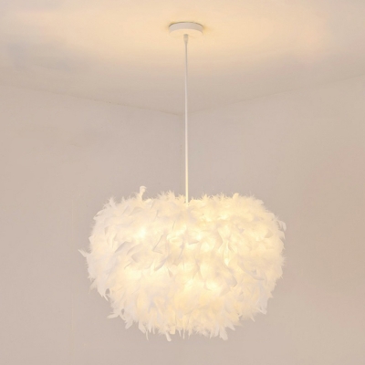 Round Feather Pendant Light Kit Simplicity White Hanging Chandelier for Dining Room