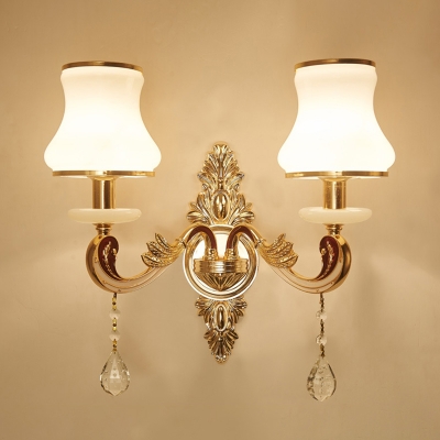 Traditional Curved Arm Wall Lamp Metallic Sconce Fixture with Frosted Glass Shade in Gold