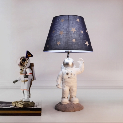 White Astronaut Night Table Lamp Kids Single Resin Nightstand Light with Star Print Fabric Shade