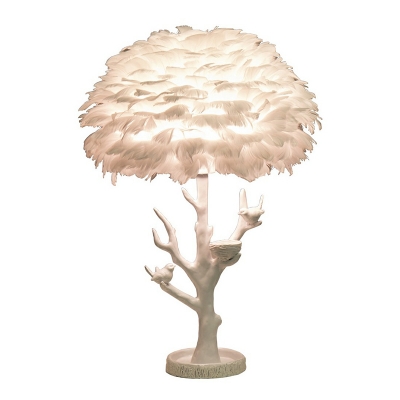 1-Head Bedside Night Light Nordic White Finish Table Lighting with Dome Feather Shade