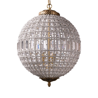 Antiqued Brass Sphere Chandelier Pendant Classic Crystal Embedded Lobby Hanging Ceiling Light