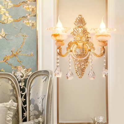 Blooming Wall Mount Light Fixture Traditional Gold Carved Glass Sconce Lamp with Crystal Drapes