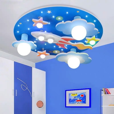 Blue Space Rocket Flush Lamp Kids 8-Light Wooden Flush Mount Ceiling Lighting Fixture