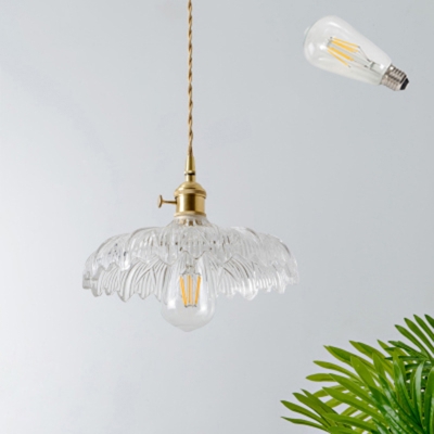 Brass 1-Head Hanging Lamp Fixture Simplicity Glass Floral Down Lighting Pendant with Rotary Switch