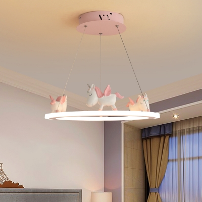 Circular Kids Room LED Hanging Lamp Acrylic Cartoon Chandelier with Unicorn Decoration