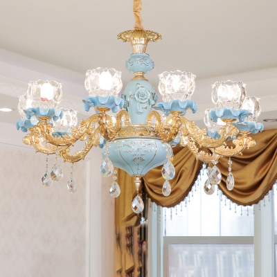 Clear Crystal Glass Lotus Chandelier Traditional Dining Room Ceiling Light in Blue and Gold