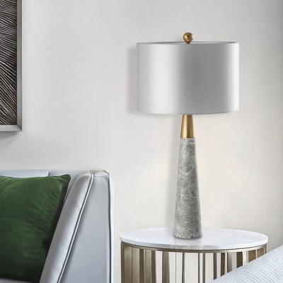 Conical Marble Night Table Light Minimalism 1 Bulb Grey Nightstand Lamp with Cylinder Fabric Shade
