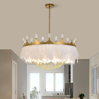 Crown-Shape Girls Room Pendant Lamp Feather 1 Head Nordic Hanging Light with Chain Net in Gold