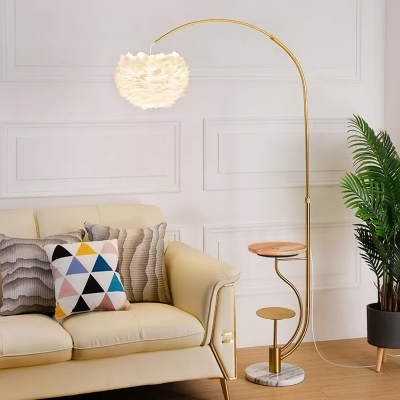 Dome Feather Floor Lighting Postmodern 1-Light Standing Lamp with Table and Arc Arm