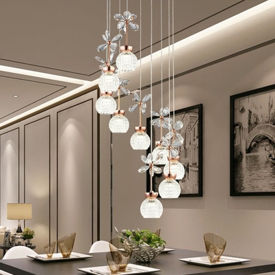 Dome Shaped Cluster Pendant Light Modern Crystal Rose Gold LED Hanging Lamp for Dining Room