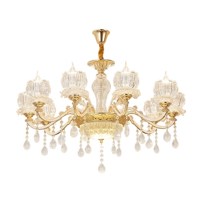Flower Living Room Chandelier Traditional Clear Ribbed Crystal Gold Pendant Lamp