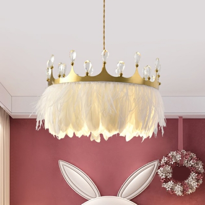 Gold Crown Shaped Drop Pendant Modern 1-Light Feather Suspension Lamp with Crystal Accent