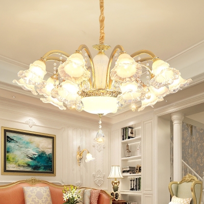 Indoor Light Fixture Antique Ruffled Semi-Opaque Glass Lighting Fitting in Gold with Crystal Accent
