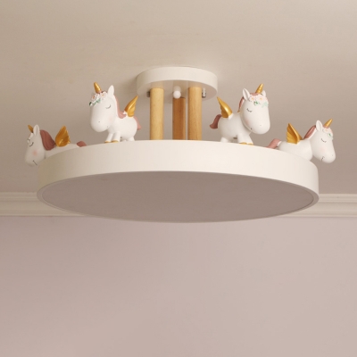 Kids Round LED Semi-Flush Mount Acrylic Bedroom Ceiling Lighting with Unicorn Decoration