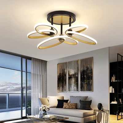 Minimalistic Floral Semi Flush Mount Light Acrylic Living Room LED Ceiling Lamp in Gold