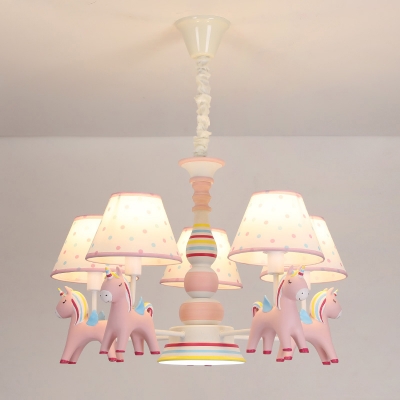 Rainbow Unicorn Ceiling Pendant Light Kids Resin Pink Chandelier with Fabric Empire Shade