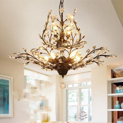 Retro Candle Ceiling Chandelier Cut-Crystal Suspension Lighting with Tree Branch Design