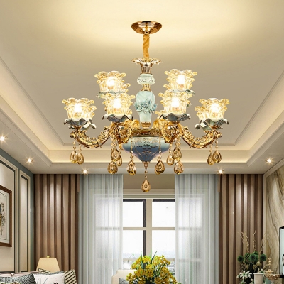 Scalloped Hanging Light Kit Traditional Blue and Gold Clear Glass Chandelier with Crystal Drapes