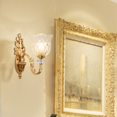 Transparent Glass Floral Wall Sconce Traditional 1 Head Hotel Wall Light in Gold