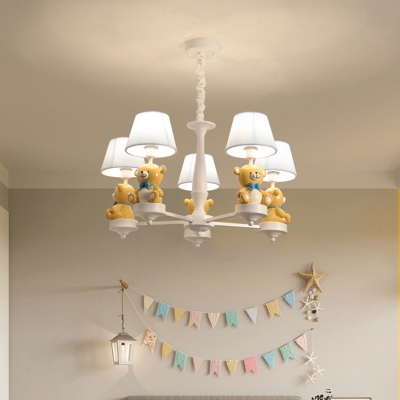 White Empire Shade Chandelier Cartoon Pleated Fabric Ceiling Lamp with Decorative Bear