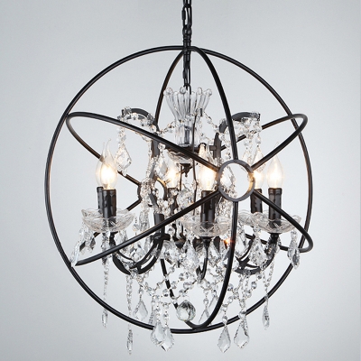 4-Bulb Interlocking Rings Drop Pendant Industrial Wrought Iron Chandelier with Crystal Drapes