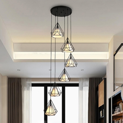 Black Diamond Shaped Multi Ceiling Light Modernist 6-Bulb Metal Suspension Pendant Light