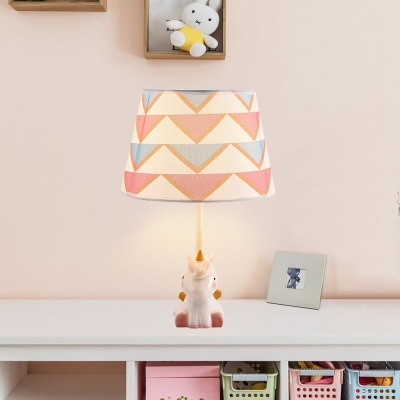 Bucket Shade Night Table Lamp Kid Fabric Single Pink Nightstand Light with Unicorn Pedestal