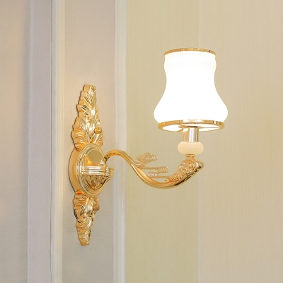 Candle Bedroom Wall Light Vintage Metal Gold Finish Sconce Lamp with Milk Glass Shade