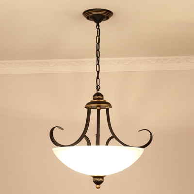 Frosted Glass Bowl Chandelier Pendant Light Vintage 3 Bulbs Living Room Hanging Light in Black
