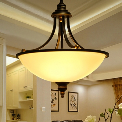 Inverted Dome Opal Glass Ceiling Lighting Traditional 3 Heads Bedroom Chandelier Light Fixture in Black