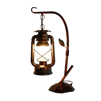 Iron Branch Night Lamp Rustic 1-Light Bedroom Table Light with Suspended Kerosene Lantern