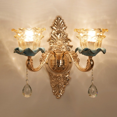 Layered Scalloped Bedside Wall Light Classic Amber Glass Gold Sconce Lamp with Crystal Decor