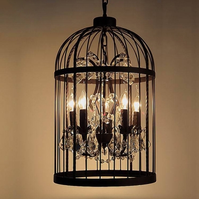 Metal Birdcage Pendant Chandelier Rustic Restaurant Hanging Ceiling Light with Crystal Accent