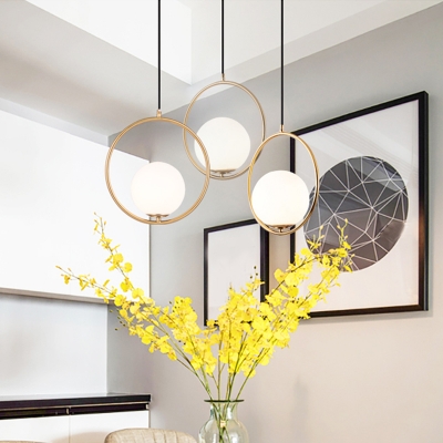 Opal Glass Ball Multi-Pendant Contemporary Black and Brass Ceiling Hang Light with Metal Ring
