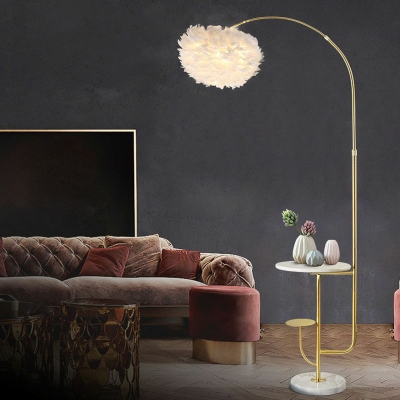 Postmodern Fishing Rod Floor Lamp Metal 1 Bulb Living Room Floor Light with Tray and Feather Shade