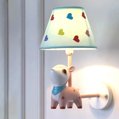 Sika Deer Childrens Bedroom Sconce Light Resin 1 Head Cartoon Wall Lamp with Tapered Fabric Shade in Pink